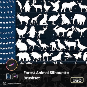 May include: A digital art brush set featuring white silhouettes of various forest animals, including birds, mammals, and insects, against a dark blue starry background. The set includes 160 downloadable brushes for Procreate and Photoshop.