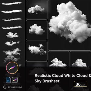 Pode incluir: Um conjunto de arte digital com pincéis de nuvens brancas realistas e pincéis de céu. A imagem exibe várias formações de nuvens e pinceladas, com o texto "Realistic Cloud White Cloud & Sky Brushset" e "36 brush".
