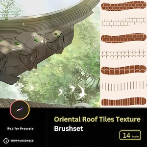 Op de afbeelding: Een digitale penseelset voor Procreate met 14 verschillende texturen voor oosterse dakpannen. De penseelset bevat een verscheidenheid aan tegelpatronen, waaronder gebogen, rechte en gepatroneerde tegels. De penseelset is perfect voor het maken van gedetailleerde en realistische illustraties van oosterse architectuur.