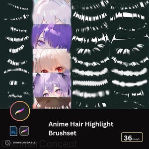 Könnte beinhalten: Ein digitales Kunstprodukt mit dem Titel "Anime Hair Highlight Brushset" mit 36 Pinseln. Das Bild zeigt verschiedene Haar-Highlight-Stile und Anime-Charakteraugen. Das Produkt ist herunterladbar und kompatibel mit Procreate und Photoshop.