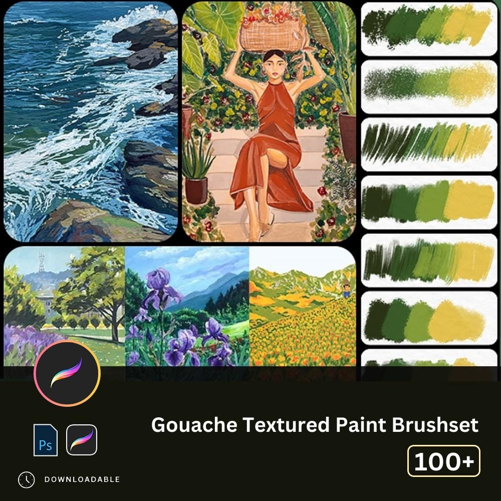 Procreate & Photoshop用 ガッシュ絵の具ブラシセット – テクスチャー豊かな油彩風、粒立つ厚塗り、やわらかな粉感でiPadアートを格上げ