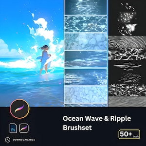 May include: A digital illustration of a woman standing in the ocean with a wave crashing behind her. The image is a promotional graphic for a set of 50+ ocean wave and ripple Photoshop brushes.