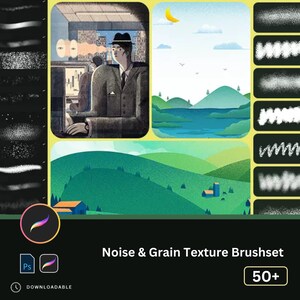 May include: A set of 50+ noise and grain texture brushes for digital art. The brushes are shown in a collage of different styles, including a cityscape, a landscape, and a close-up of the brush strokes.