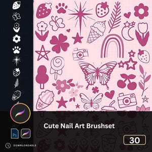 May include: A pink digital art graphic set with various cute illustrations, including strawberries, butterflies, flowers, ice cream cones, cameras, and stars. The text "Cute Nail Art Brushset" is displayed. The number "30" is in a box.