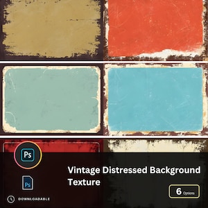 May include: Set of six vintage distressed background textures in various colours, including brown, red, blue, and green. The textures have a worn and faded look, with visible scratches and scuffs.  The textures are perfect for adding a vintage feel to your designs.