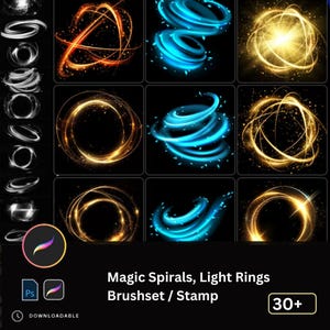 Könnte beinhalten: Eine digitale Grafik mit einer Sammlung von magischen Spiralen und Lichtringen in Gold-, Orange- und Blautönen auf schwarzem Hintergrund. Das Bild enthält den Text "Magic Spirals, Light Rings Brushset / Stamp" und die Zahl "30+".