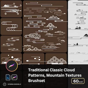 Puede incluir: Un conjunto de 60 pinceles digitales con patrones tradicionales japoneses de nubes y montañas. Los pinceles son blancos sobre un fondo marrón y están dispuestos en una cuadrícula. El texto "Traditional Classic Cloud Patterns, Mountain Textures Brushset" está en la parte inferior de la imagen.