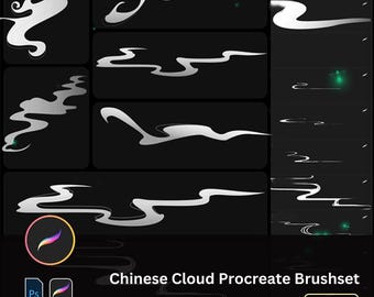 May include: A digital illustration of a set of 30+ Chinese cloud Procreate brushes. The brushes are white and are shown on a black background. The text "Chinese Cloud Procreate Brushset" and "30+ " are also shown in the image.
