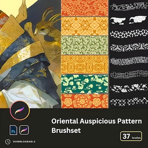 Puede incluir: Un conjunto de 37 pinceles digitales con patrones orientales de buen augurio. Los pinceles incluyen una variedad de diseños tradicionales chinos y japoneses, como nubes, flores y formas geométricas. Los pinceles son perfectos para crear obras de arte intrincadas y hermosas.