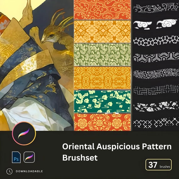37 Chinese Auspicious Pattern Procreate & Photoshop Brushes | Ornamental Design Brushes for iPad Illustrations Japanese Pattern