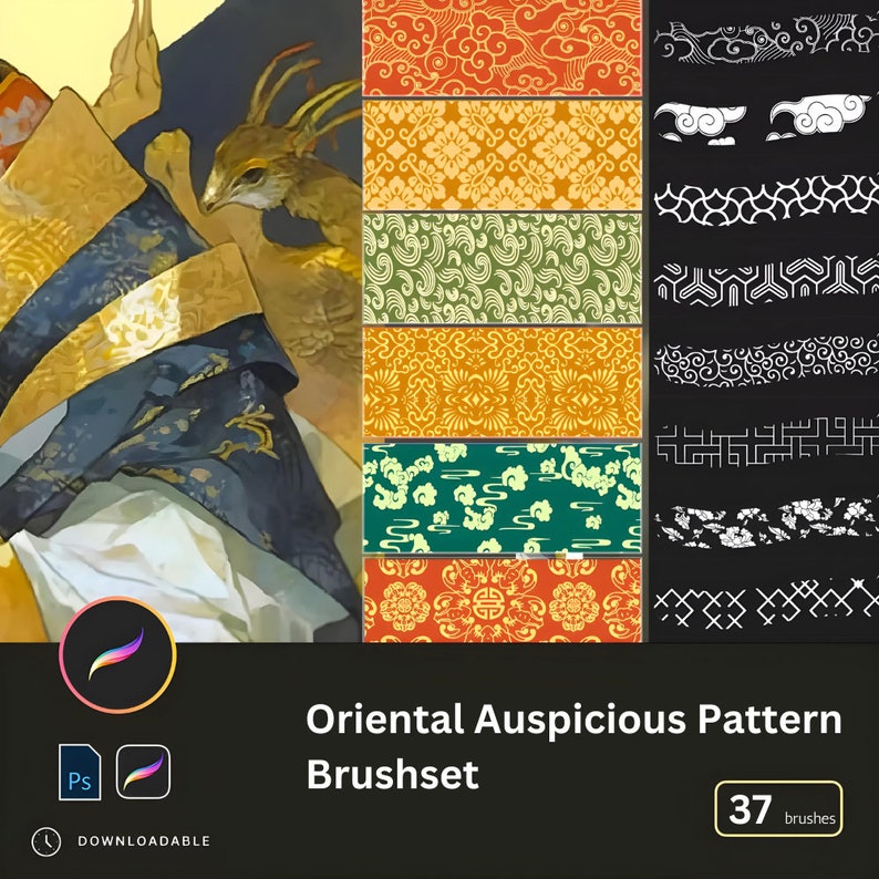 May include: A set of 37 digital brushes featuring oriental auspicious patterns. The brushes include a variety of traditional Chinese and Japanese designs, such as clouds, flowers, and geometric shapes. The brushes are perfect for creating intricate and beautiful artwork.