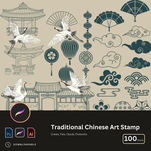 100 dekorative Posterelemente im orientalischen Stil Procreate Pinselset mit Kränen, Fächern, Wolken, Feuerwerk | Traditionelle Chinesische Kunst PS Pinsel