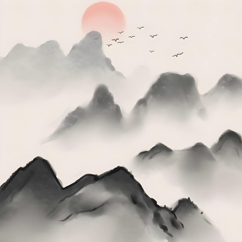 May include: A digital painting of a misty mountain landscape with a red sun setting behind the peaks.  The mountains are painted in shades of gray and black, and the mist is a soft white.  A flock of birds flies across the sky.