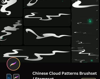 May include: A digital brush set featuring 32 Chinese cloud patterns. The brush set is designed for use in Adobe Photoshop and is downloadable. The image shows a variety of cloud patterns in white on a black background.