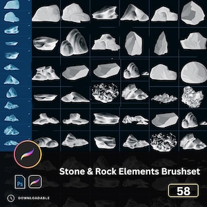 May include: A digital art asset showcasing a collection of 58 stone and rock elements. The image features various grayscale illustrations of different rock formations, with a dark blue background. The text "Stone & Rock Elements Brushset" is displayed.