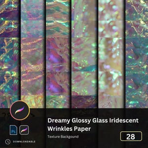 Op de afbeelding: Dromerige, glanzende, iriserende papiertextuur met rimpels, glaseffect. Digitale download van 28 iriserende, gerimpelde papiertexturen.
