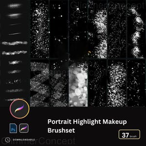 May include: A digital art brush set for portrait highlight makeup. The image displays various white brush strokes and textures on a black background. The set includes 37 brushes, compatible with Photoshop and Procreate, and is downloadable.