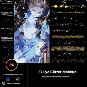 May include: A digital illustration of an anime character with blue hair and a blue dress. The character is surrounded by sparkling gold glitter. The image is a digital brush set for Procreate and Photoshop.