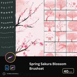 以下が含まれることがあります： 春の桜の開花をテーマにしたデジタルアートブラシセット。画像には、さまざまなピンク色の木のイラストと花の要素、およびさまざまなブラシスタイルが表示されています。テキストは「Spring Sakura Blossom Brushset」と「40 brush」と書かれています。
