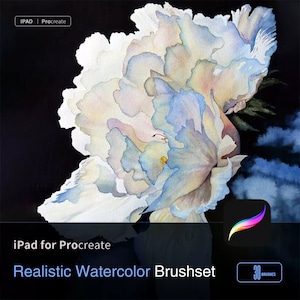 Puede incluir: Un conjunto de 30 pinceles de acuarela realistas para iPad Procreate. La imagen muestra un primer plano de una flor de acuarela blanca y azul con un aspecto suave y difuminado. Los pinceles están diseñados para crear efectos naturales y pictóricos.