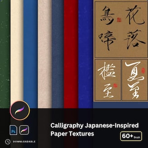 May include: A set of 60+ digital paper textures inspired by Japanese calligraphy. The textures are in various colors, including green, blue, white, gray, red, and brown. The textures are perfect for adding a unique and artistic touch to your digital designs.