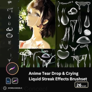 26 Tear Drop Procreate Brush PS Brush Gråtande Anime Handritade Vattendroppar Flytande Strimmor Teardrop-effekter för Emotionell Illustrationskonst