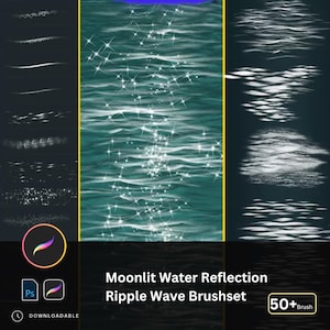Op de afbeelding: Een set van meer dan 50 digitale penselen voor Adobe Photoshop die realistische maanlicht-waterreflecties en rimpelgolfeffecten creëren. De penselen zijn te downloaden en worden geleverd met een blauw en wit penseelpictogram.