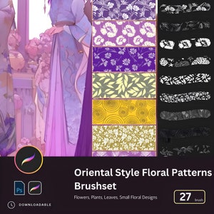 May include: A digital brush set featuring 27 oriental style floral patterns. The brush set includes flowers, plants, leaves, and small floral designs. The brush set is available for download.