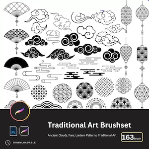 Puede incluir: Un conjunto de 163 pinceles de arte tradicionales en blanco y negro para diseño digital. Los pinceles incluyen nubes, abanicos, patrones de linternas y otros elementos de arte tradicionales.