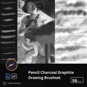 May include: A digital art product image featuring a pencil, charcoal, and graphite drawing brush set. The image includes illustrations of children, brushstroke examples, and the text "Pencil Charcoal Graphite Drawing Brushset". The set includes 56 brushes.