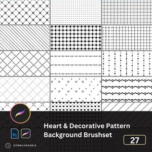 May include: A digital art background brushset featuring 16 different black and white patterns. The patterns include dots, diamonds, hearts, and lines. The text on the image reads "Heart & Decorative Pattern Background Brushset".