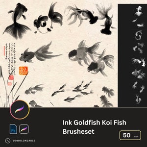 Puede incluir: Un conjunto de 50 pinceles digitales para Adobe Photoshop con ilustraciones de tinta negra de peces dorados y carpas koi en varias poses. Los pinceles están diseñados para crear un estilo de arte japonés tradicional.