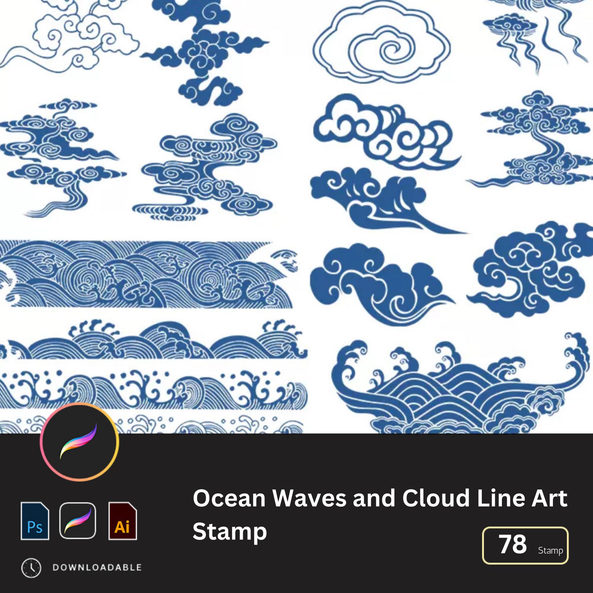 78 Ocean Waves and Cloud Line Art Brushes Japanese Sea