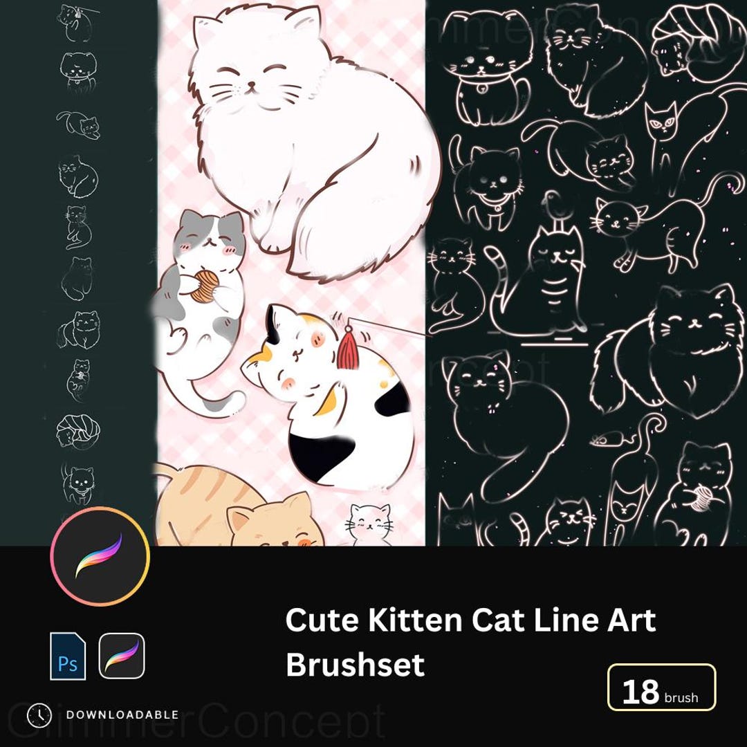 18 Cute Cartoon Cat Procreate Brush PS Brush Animal Line Art Kitten ...