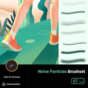 May include: A digital brush set for Procreate on the iPad, featuring 67 noise particle brushes. The brush set is shown with a preview of the brushes on the right side of the image and a person walking on a green path on the left side of the image.