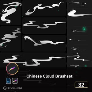 Peut inclure: Graphique numérique présentant diverses formes de nuages blancs sur fond noir. Le texte "Chinese Cloud Brushset" et des icônes pour Photoshop et Procreate indiquent des ressources numériques téléchargeables.