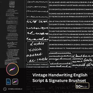 Könnte beinhalten: Ein digitales Pinselset mit Vintage-Handschrift-Skripten und -Signaturen. Das Bild zeigt verschiedene handschriftliche Textbeispiele in Weiß auf schwarzem Hintergrund, mit dem Text "Vintage Handwriting English Script & Signature Brushset" und den Logos von Procreate und Photoshop.