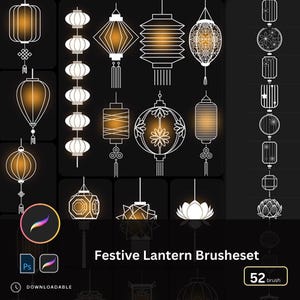 Puede incluir: Una colección de pinceles de linternas festivas en varias formas y diseños, con un cálido brillo naranja. La imagen incluye el texto "Festive Lantern Brushesset" y el número "52 brush". La imagen también incluye los iconos de Procreate y Photoshop.