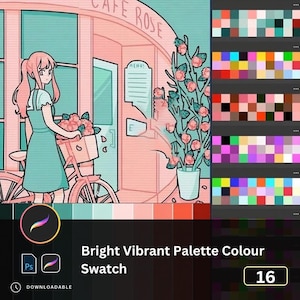 May include: An illustration of a cafe scene with a woman and a bicycle. The color palette includes shades of pink, teal, and coral. The image also features a color swatch labeled "Bright Vibrant Palette Colour Swatch" with 16 color options.