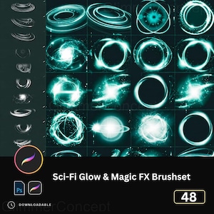 May include: A digital art brush set featuring 48 sci-fi glow and magic FX designs in teal. The designs include glowing circles, spirals, and energy bursts. The set is for use with Photoshop and Procreate.