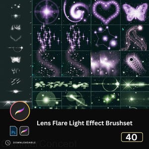 May include: A digital art brush set featuring 40 lens flare light effects. The image showcases various glowing designs in shades of purple and green, including stars, swirls, and flares. The text "Lens Flare Light Effect Brushset" is displayed.