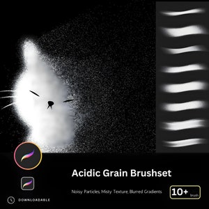 Könnte beinhalten: Ein Set mit über 10 digitalen Pinseln für Procreate, mit einer weißen Katzenillustration mit einer körnigen, nebeligen Textur. Das Pinselset heißt "Acidic Grain Brushset" und wird als "Rauschige Partikel. Neblige Textur. Unscharfe Verläufe" beschrieben.