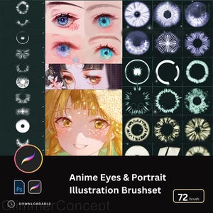 May include: Digital illustration brushes for anime eyes and portraits. The image features examples of eye designs in various colors, along with a portrait of a girl with yellow hair and eyes. The text reads "Anime Eyes & Portrait Illustration Brushset".
