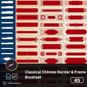 Puede incluir: Un activo de arte digital que muestra una colección de 45 pinceles de bordes y marcos chinos clásicos. Los diseños presentan formas rectangulares rojas con patrones ornamentados, sobre un fondo beige. La imagen incluye el texto "Classical Chinese Border & Frame Brushset".