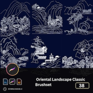 Pode incluir: Um conjunto de 38 pincéis digitais para criar designs de paisagens orientais. Os pincéis são brancos sobre um fundo azul escuro e apresentam árvores estilizadas, montanhas, casas e outros elementos.