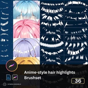 Pinceles para iluminar el cabello de anime en Procreate PS / Mechones de brillo manga, efectos de brillo 2D, mechas de cómic japonés y acentos brillantes