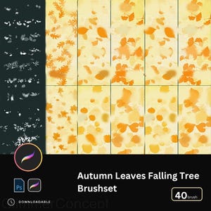 May include: A digital art brush set featuring autumn leaves in shades of orange and yellow. The set includes various leaf shapes and falling tree designs. The text "Autumn Leaves Falling Tree Brushset" is displayed.