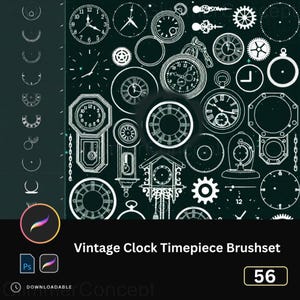 May include: A collection of white line art illustrations of vintage clocks and timepieces on a dark green background. The image includes pocket watches, wall clocks, and clock faces. Text at the bottom reads "Vintage Clock Timepiece Brushset".