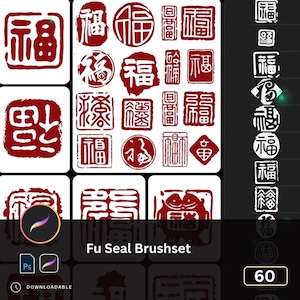 May include: A selection of red Chinese seal stamps in different shapes, including circular and square designs. The text "Fu Seal Brushset" is shown beneath the stamps, alongside Procreate and Photoshop icons. The number "60" is also visible.