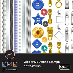 May include: A collection of 40+ digital stamps featuring zippers, buttons, and other clothing design elements. The stamps are in various colors, including gold, silver, blue, and red. The stamps are perfect for creating unique and personalized clothing designs.